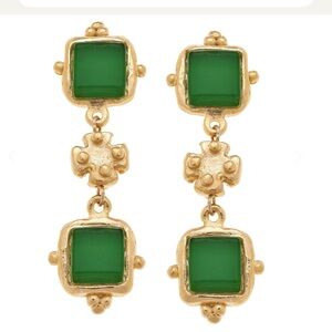 Susan Shaw Gold and Green Double-Drop Earrings with Ornate Design